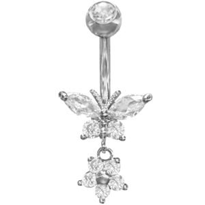 Surgical Steel Butterfly with Dangling Flower Belly Ring