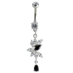 Beautiful Surgical Steel Clear and Black CZ Jeweled Dangly Belly Ring