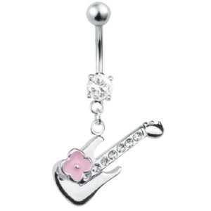 Silver Steel Guitar Flower with CZ Belly Ring