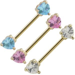 Stainless Steel Gold PVD Heart Shaped Prong Set Double Jeweled Nipple Barbell