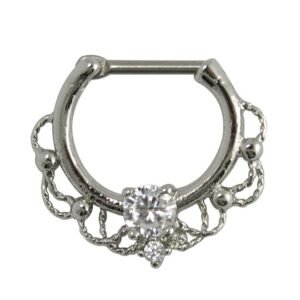 Elegant Stainless Steel Filigree Septum Clicker with Center Jewels