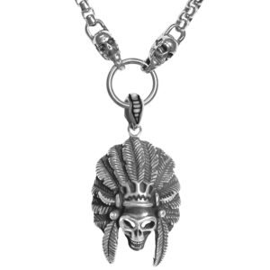 Stainless Steel American Tribal Chief Necklace with Skulls