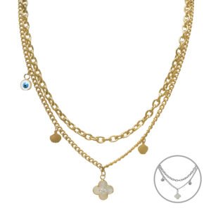 Stainless Steel Layered Chain Necklace w/ Clover, Evil Eye, & Shell Charms
