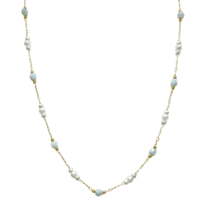 Stainless Steel Gold Pvd Chain Necklace w/ Light Blue Stones & Pearls