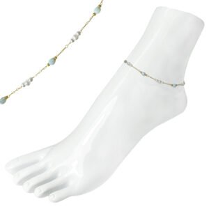 Gold Stainless Steel Semi-Precious Light Blue Gems w/ Faux Pearls Anklet
