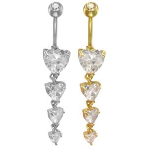 Surgical Steel Dangling CZ Hearts Belly Ring