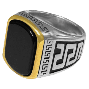 Stainless Steel Black Stone Greek Key Ring