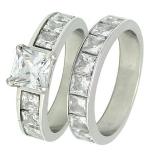 Stainless Steel CZ Wedding Band Ring Set