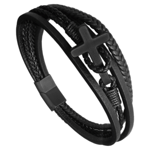 Black Stainless Steel Cross Leather Bracelet