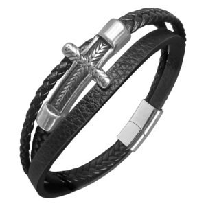 Stainless Steel Cross Leather Bracelet