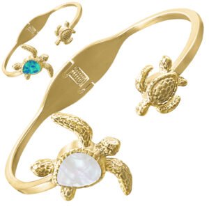 Gold Stainless Steel & Opal Turtle Bangle