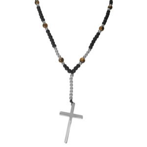 Stainless Steel Cross w/ Black & Tiger Eye Stone Beaded Necklace