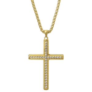 Stainless Steel Gold PVD Cross Necklace w/ CZ stones