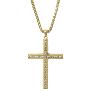 Stainless Steel Gold PVD Cross Necklace w/ CZ stones