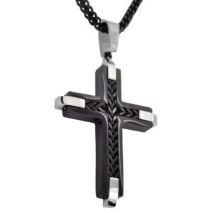 Stainless Steel & Black PVD Franco Inlay Cross Necklace