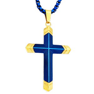Blue Stainless Steel Cross w/ Gold Accents Necklace