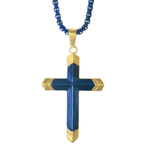 Blue Stainless Steel Cross w/ Gold Accents Necklace