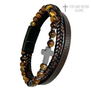 Tiger Eye Beaded & Brown Leather Cross Bracelet