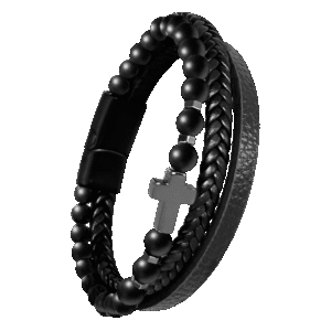 Black Beaded & Leather Cross Bracelet