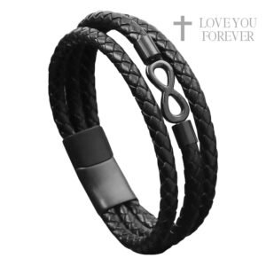 Black Leather & Stainless Steel Infinity Bracelet