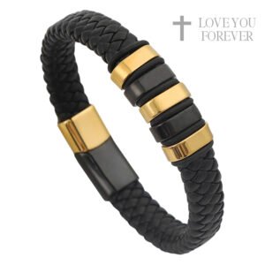 Braided Leather Bracelet w/ Black & Gold Stainless Steel