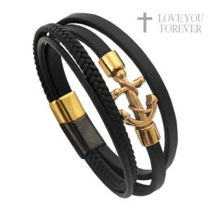 Leather & Gold Stainless Steel Anchor Bracelet w/ Faithful Clasp