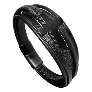 Black Leather & Stainless Steel Cross Bracelet
