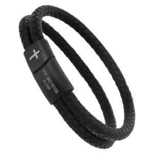 Double Black Braided Leather Bracelet w/ Faithful Clasp