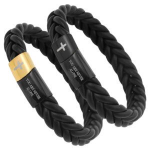 Black Braided Leather Bracelet w/ Faithful text & Cross on Clasp