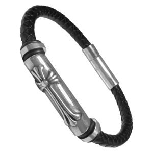 Braided Leather & Stainless Steel Cross Bracelet
