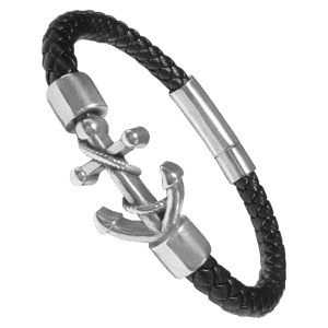 Braided Leather & Stainless Steel Anchor Bracelet