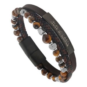 Brown Leather Bracelet w/ Stainless Steel Hebrew Scripture & Tiger Eye Stones