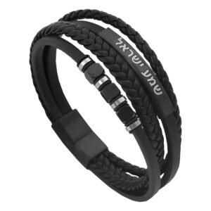 Black Leather Bracelet w/ Stainless Steel Hebrew Scripture