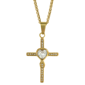 Gold Plated Stainless Steel CZ Cross & Heart Necklace