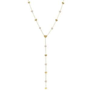 Gold Stainless Steel Hearts & CZ Lariat Necklace