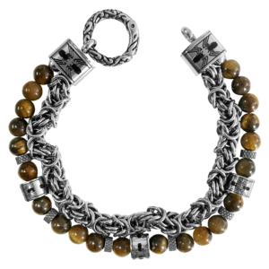 Double Chained Stainless Steel Byzantine Chain with Spiders & Tiger Eye Beads