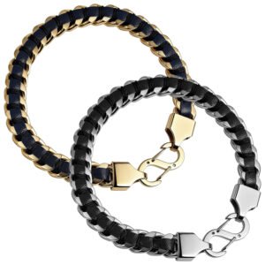 Stainless Steel Cuban Chain & Leather Bracelet