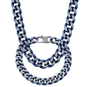Blue Stainless Steel Cuban Link Necklace & Bracelet Set