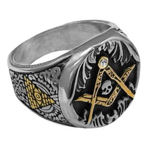 Stainless Steel CZ Stone & Skull Masonic Biker Ring