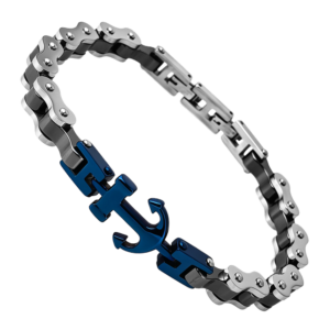 Two-toned Stainless Steel Biker Chain Bracelet & Blue Anchor