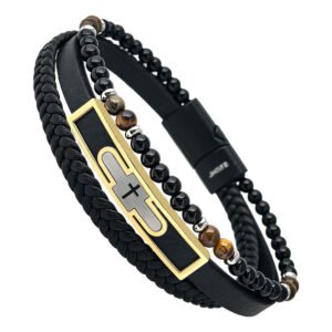 Gold Stainless Steel & Leather Cross Bracelet w/ Tiger Eye & Black Beads
