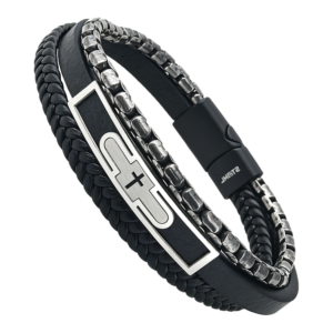 Stainless Steel & Leather Cross Bracelet w/ Gun Metal Rolo Chain