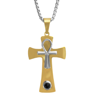 Two-toned Stainless Steel Gold Pvd Ankh Cross Necklace w/ Onyx Stone