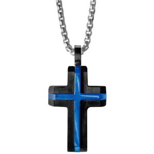 Stainless Steel Black Pvd Cross with Blue Lines Necklace