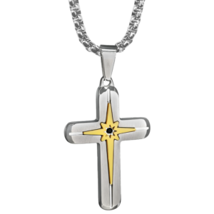 Stainless Steel Cross w/ Gold Star Necklace