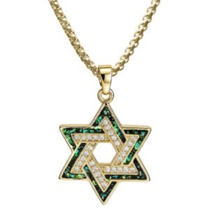 Stainless Steel Green Opal & Gold Pvd CZ Star of David Necklace