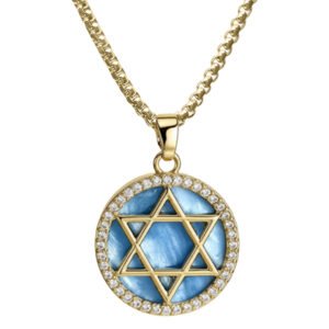 Stainless Steel Gold Pvd CZ & Blue Opal Star of David Necklace