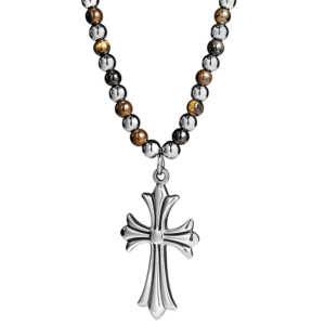 Stainless Steel Cross Chain Necklace with Tiger Eye Beads