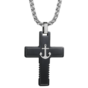 Stainless Steel Anchor in Center of Black Cross Necklace