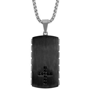 Black Stainless Steel Ridged Dog Tag w/ CZ Cross Necklace